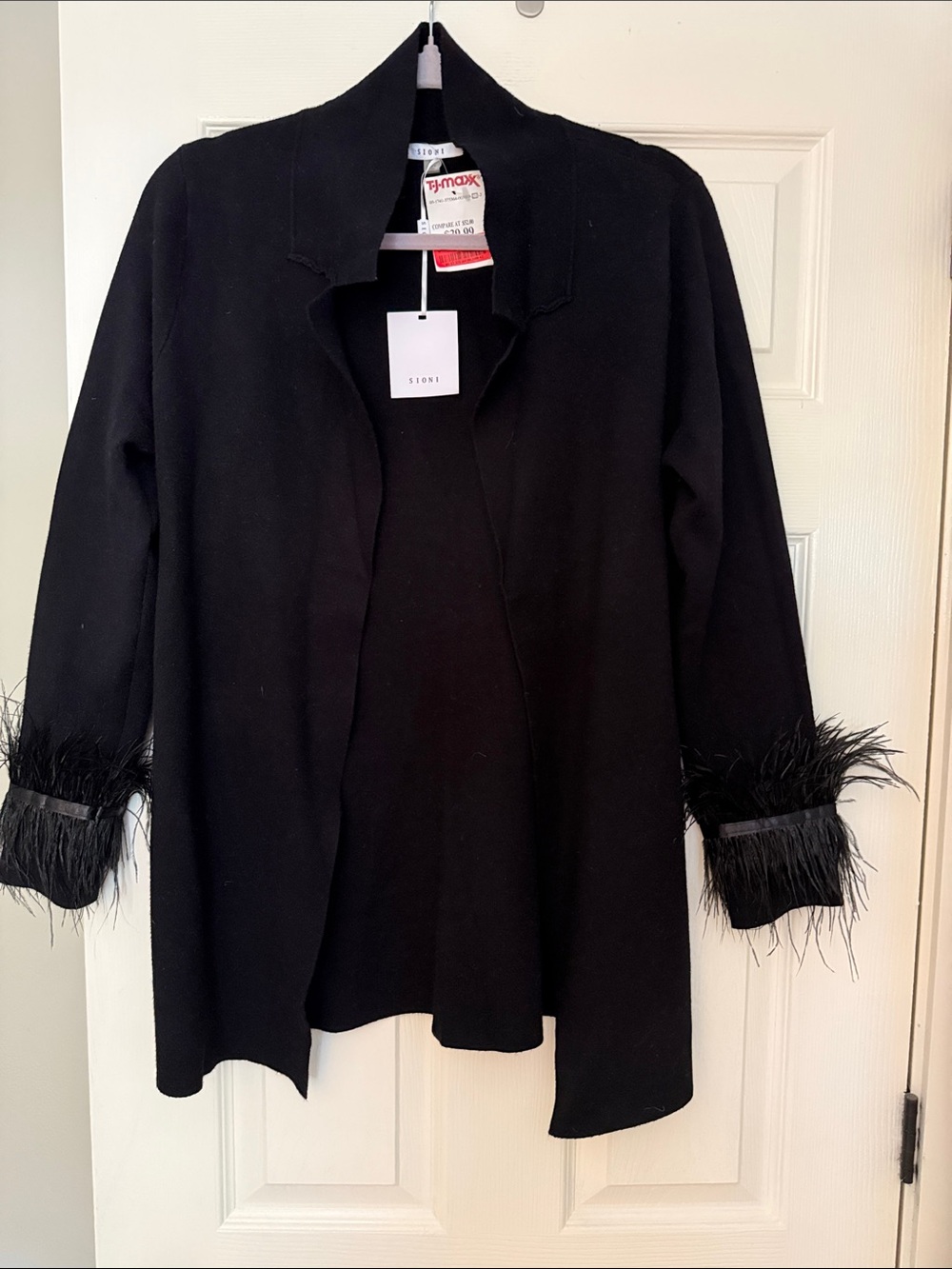 Sioni Black Open-Front Jacket with Feather Cuffs